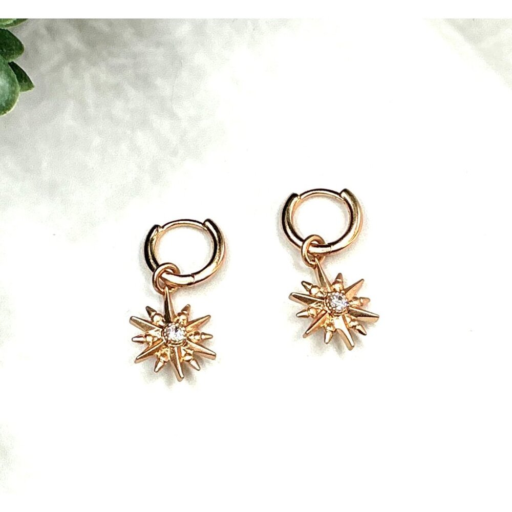 Starburst Hoop Earrings Rose Gold Tone With Crystal Accent